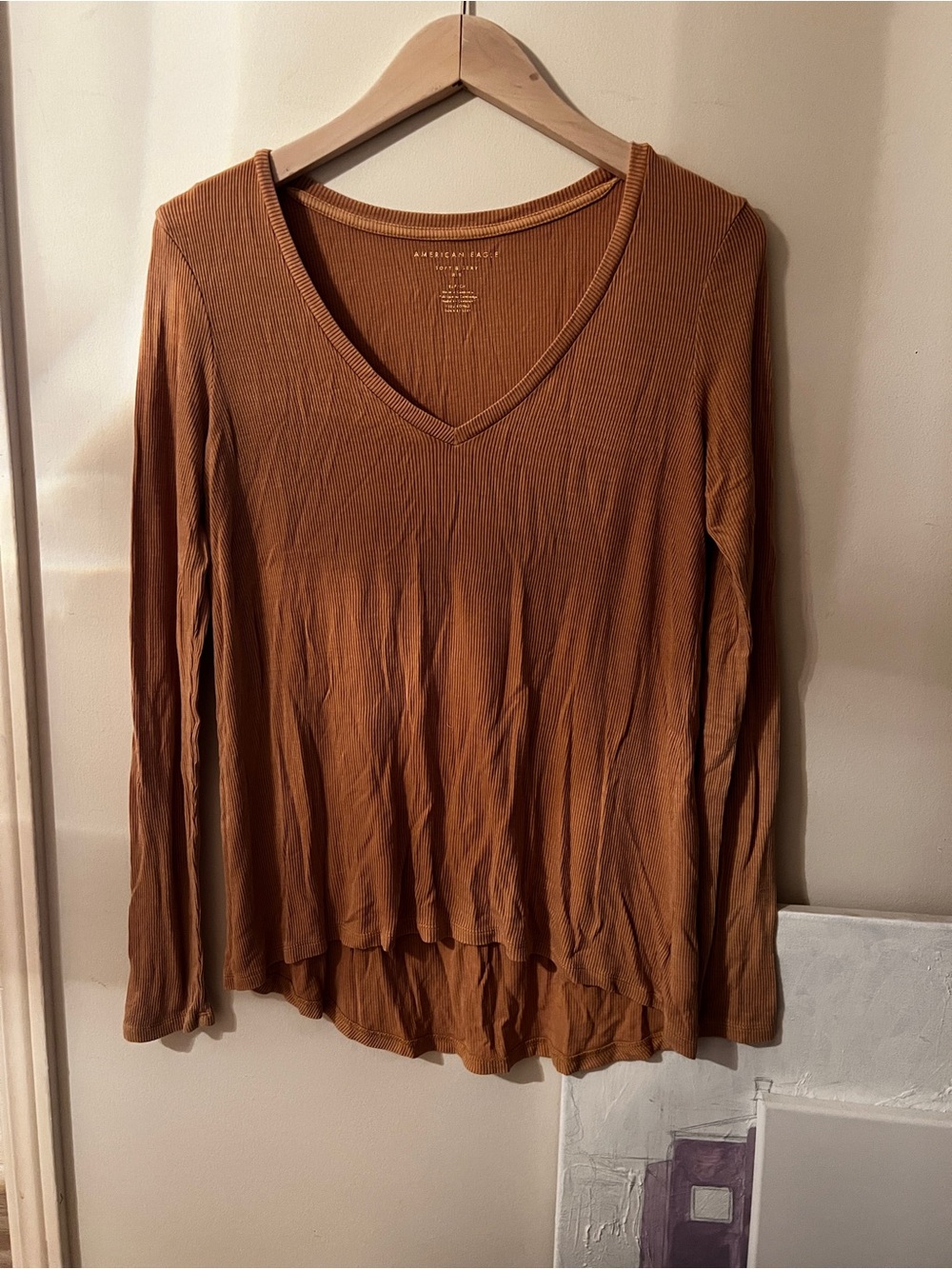 American Eagle Outfitters Ribbed V-Neck Long Sleeve Top - Rust Brown
